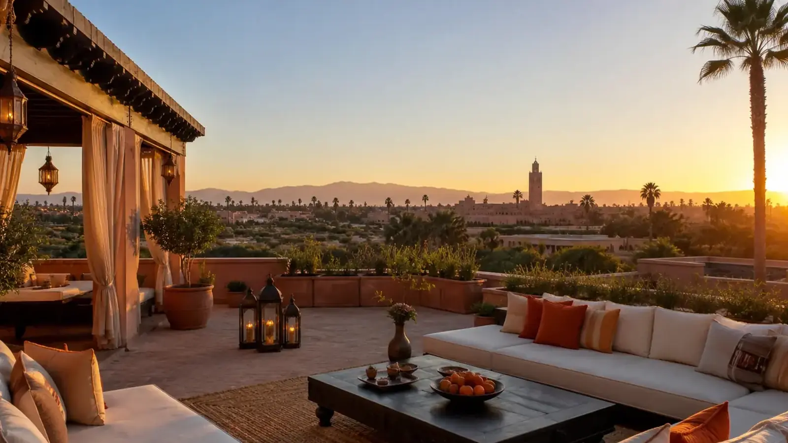 Terrasse sur Marrakech au coucher du soleil
