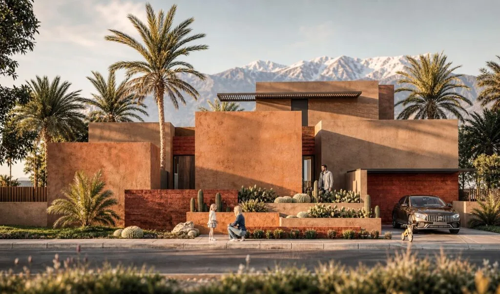 À environ 20 minutes de l’aéroport de Marrakech, nouveau domaine résidentiel composé de 20 villas au cœur d’une oliveraie de 4,4 hectares. Deux typologies sont proposées : 400 m² avec 4 suites ou 500 m² avec 5 suites, sur des parcelles de 1 200 à 2 700 m², avec piscine privée, jardin, vues Atlas et centre bien-être. Prix à partir de 9,7 M MAD. Programme neuf – Villas contemporaines sur la Route de Tahannaout à Marrakech
