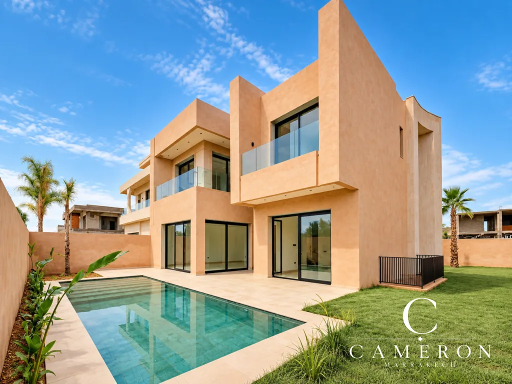 Set within the Akenza Golf estate, on the road to Ourika in Marrakech, this new contemporary villa of 450 m² offers spacious rooms, 5 bedrooms and a south-facing aspect. A swimming pool, spacious terraces, a hammam and a fitness area complete this property, designed for a comfortable and light-filled lifestyle. New 5-bedroom south-facing villa – Akenza Golf Marrakech