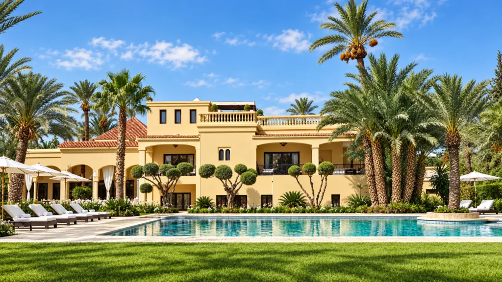 Situated in the heart of the prestigious Golden Triangle of La Palmeraie, this exceptional guest house covers approximately 3,000 m² of floor space within 11,000 m² of landscaped grounds. It comprises 25 rooms and suites, five swimming pools – four of which are private – and holds all the necessary licences for its operation. Historic, licensed palace – Palmeraie’s ‘Golden Triangle’, Marrakech