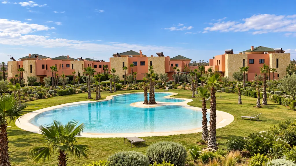 Set within a residential estate comprising around thirty villas with a large communal swimming pool, discover these new three-bedroom villas, spread over two levels. Built in pairs and featuring three facades, they offer spacious living areas, several terraces and are delivered unfurnished. The development is complete and ready for handover. New three-sided villa with terraces in a gated estate with a swimming pool – Palmeraie, Marrakech