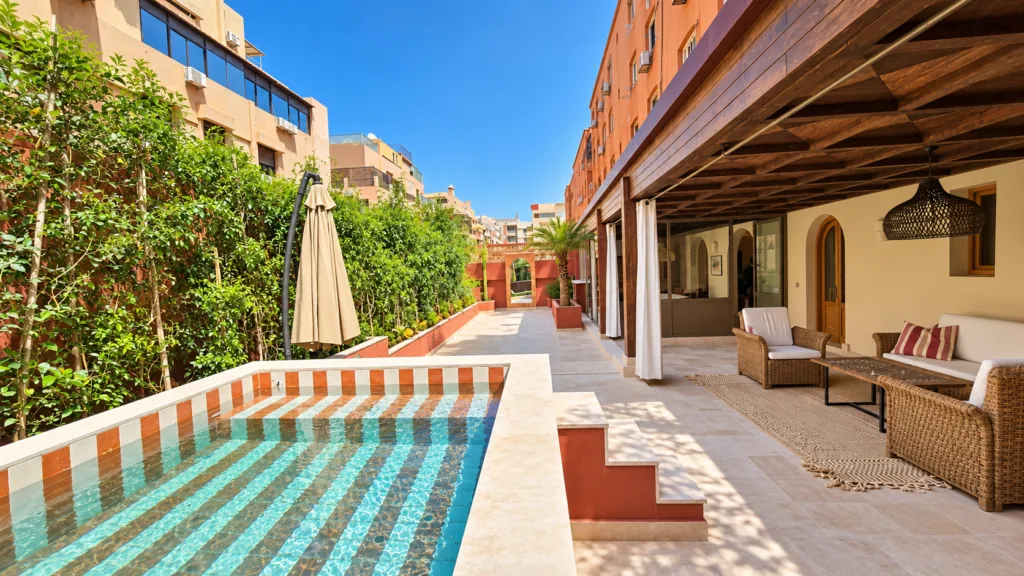 In the heart of Guéliz, a fully renovated 105 m² flat, extended by an exceptional 80 m² terrace with a pool. Two bedrooms, two bathrooms, a living room with a fireplace, an open-plan kitchen and ample storage space: a rare property with a genuine homely feel in the very centre of Marrakech. Renovated flat with an 80 m² terrace and pool – Right in the heart of Guéliz